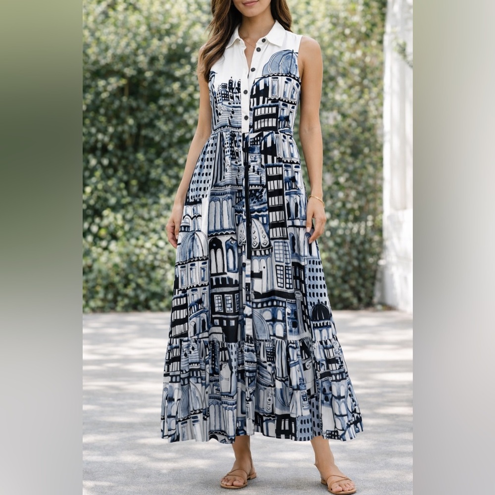 Elie Tahari White Architectural Print Sleeveless Maxi Dress
